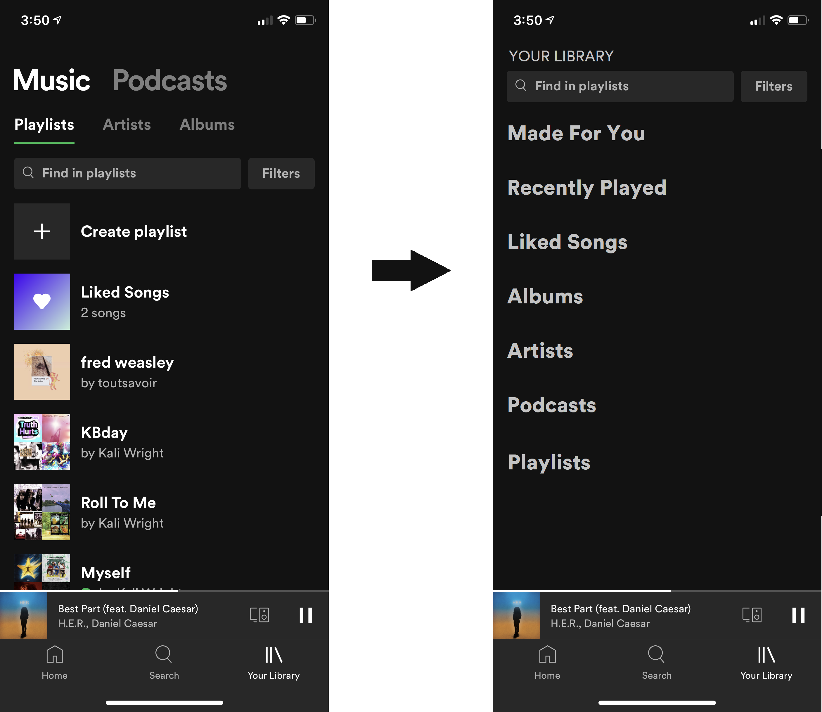 Current Spotify mobile app library layout vs proposed mobile app library layout