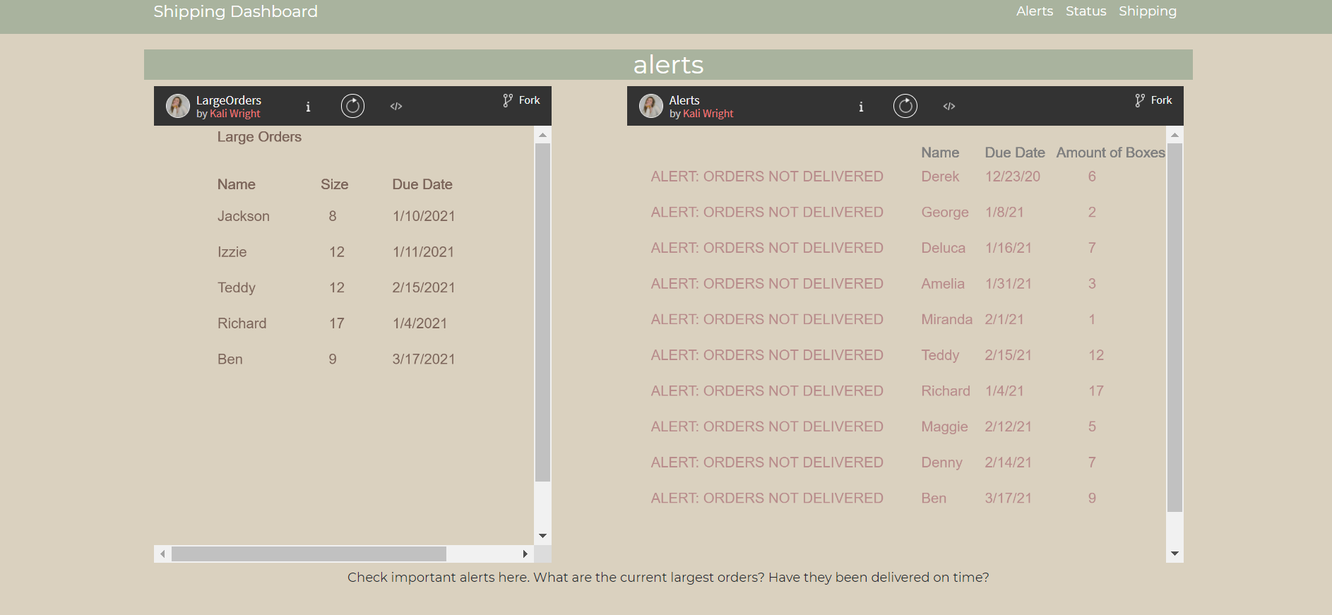 This image gives a preview to the shipping dashboard website. The image shows the 'Alerts' section of the website, where the user is shown the 'large orders' that must be shipped out as well as the undelivered orders. These alerts are in boxes that connect to the OpenProcessing sketch in which they were created.