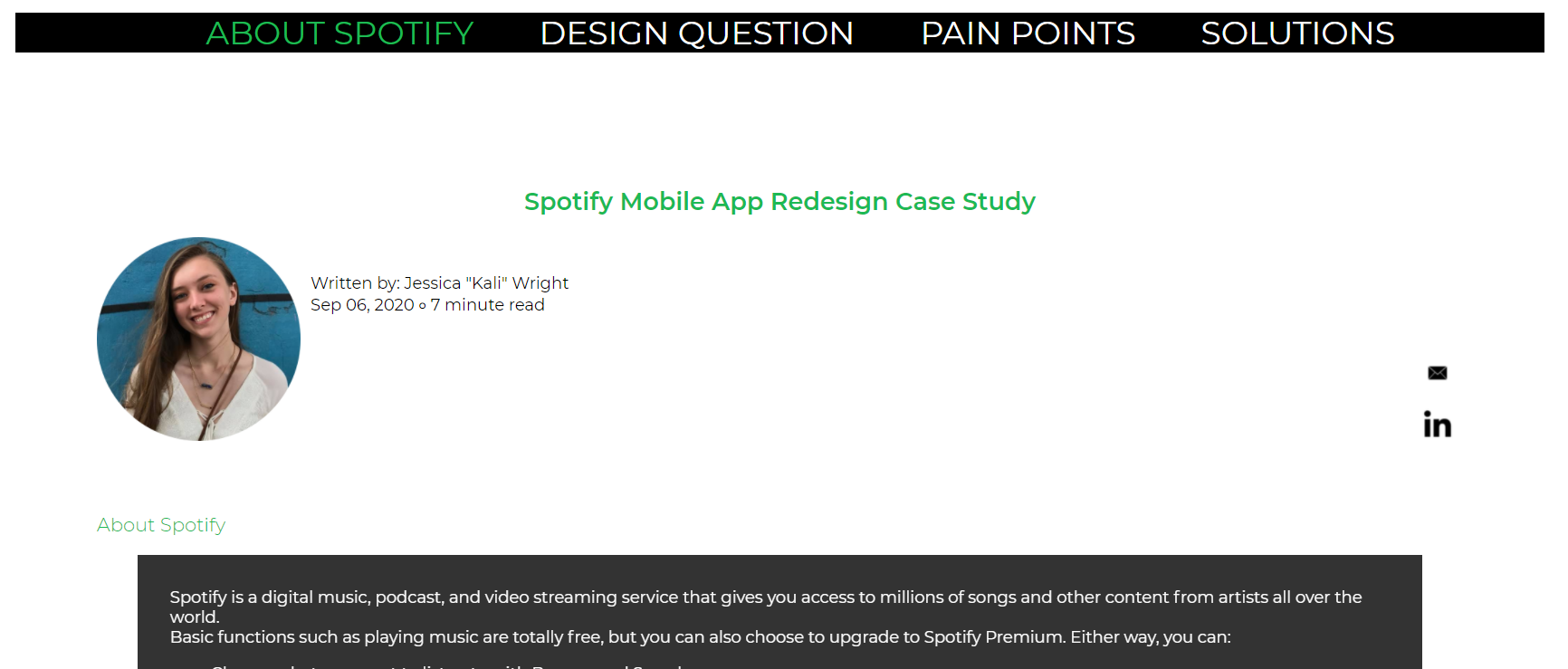An image showing a preview for the Spotify redesign website. The image shows the top of the website, featuring the navigation bar, the author image, the title, the byline and date, and the beginning of the 'about' section of the website. The website features a white background with black text. The navigation bar is horizontal across the top of the screen, with the background black with white navigation items. The active navigation link is green. This color palette mimics Spotify's current color palette.